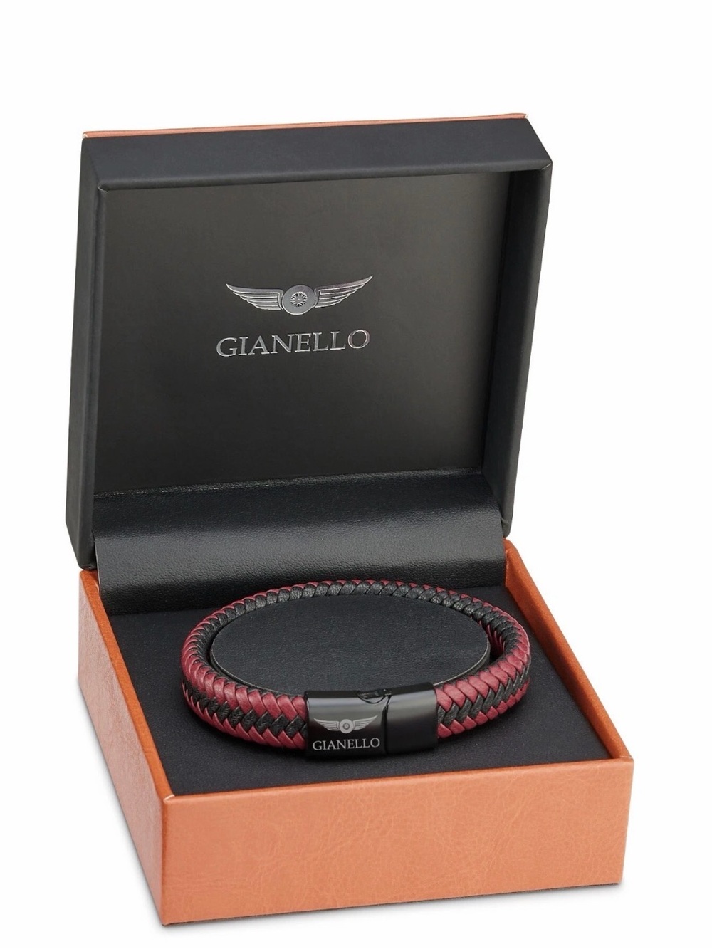 Gianello Men's Braided Leather Bracelet in Red and Black with Logo Clasp